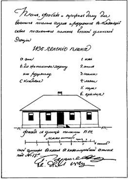 Чертеж дома военного поселения на юге России с автографом Аракчеева