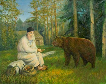 Преподобный Серафим Саровский кормит медведя